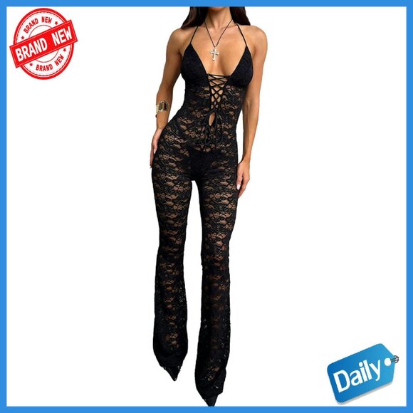 Lace Jumpsuit V Neck Backless See Through Flare Pants S-L